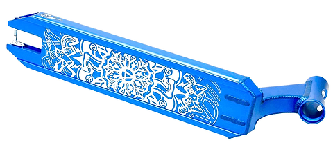 The Apex Pro Camille Bonnet Signature Blue Stunt Scooter Deck, an Australian-made product measuring 4.5" x 19.3", boasts a range of intricate white designs featuring various shapes and patterns centered around a prominent floral motif. Known for its durability, this scooter deck includes a rounded edge with an opening on one end and a circular cutout on the handle at the other end.