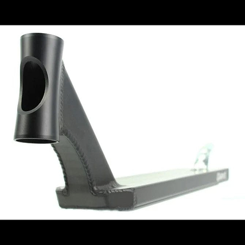 A close-up of an Apex Pro Black Stunt Scooter Deck measuring 4.5" x 20.1" features a visible headtube with a front cutout. The image emphasizes the sleek, angular design and smooth welds, highlighting this lightweight deck's structural elements against a plain white background.