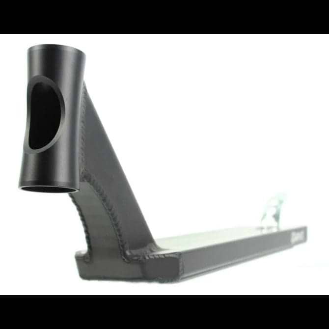 A close-up view of the Apex Pro Black Stunt Scooter Deck by Apex showcases its durability and sleek design, measuring 4.5" x 19.3". The hollow head tube and smooth edges contribute to its modern aesthetic, with visible welds prominently displayed against a white background.