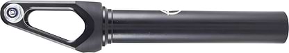 Constructed from 7075 aluminium, the Apex Quantum Lite SCS/HIC Stunt Scooter Forks showcase a black metal cylindrical body with a tapered end and an open geometric design. A hexagonal socket bolt is elegantly positioned on the left, while its sleek metallic finish features a small, visible emblem, making it an excellent choice for a scooter fork.