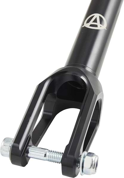 Close-up of the Apex Quantum Lite SCS/HIC Stunt Scooter Fork in sleek black, featuring a logo near the top. Made by Apex from durable 7075 aluminum, it includes a robust metal axle bolt and nuts at the bottom for reliable wheel attachment to your scooter.