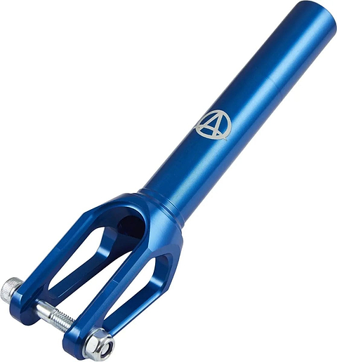 The Apex Quantum Lite SCS/HIC Stunt Scooter Forks in blue are durable anodized scooter forks featuring a cylindrical neck and base bolt. With a distinctive logo, these forks are designed by Apex specifically for trick scooters, offering a sleek and modern aesthetic that makes them the perfect choice for your next upgrade.