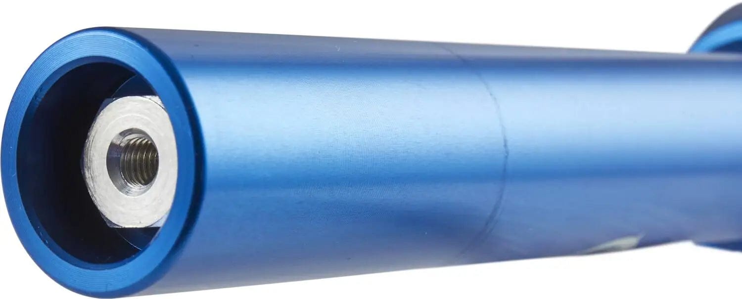 Close-up of a blue metallic cylindrical object with a threaded interior, resembling the Apex Quantum Lite SCS/HIC Stunt Scooter Forks by Apex, on a white background.
