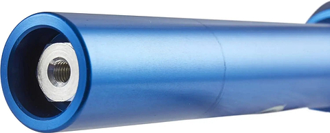 Close-up of a blue metallic cylindrical object with a threaded interior, resembling the Apex Quantum Lite SCS/HIC Stunt Scooter Forks by Apex, on a white background.