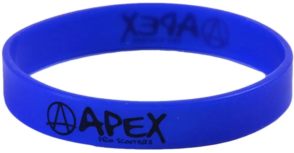 This blue wristband is a silicone accessory from Apex, featuring the brand name "APEX Pro Scooters" in black along with a stylized "A" symbol.