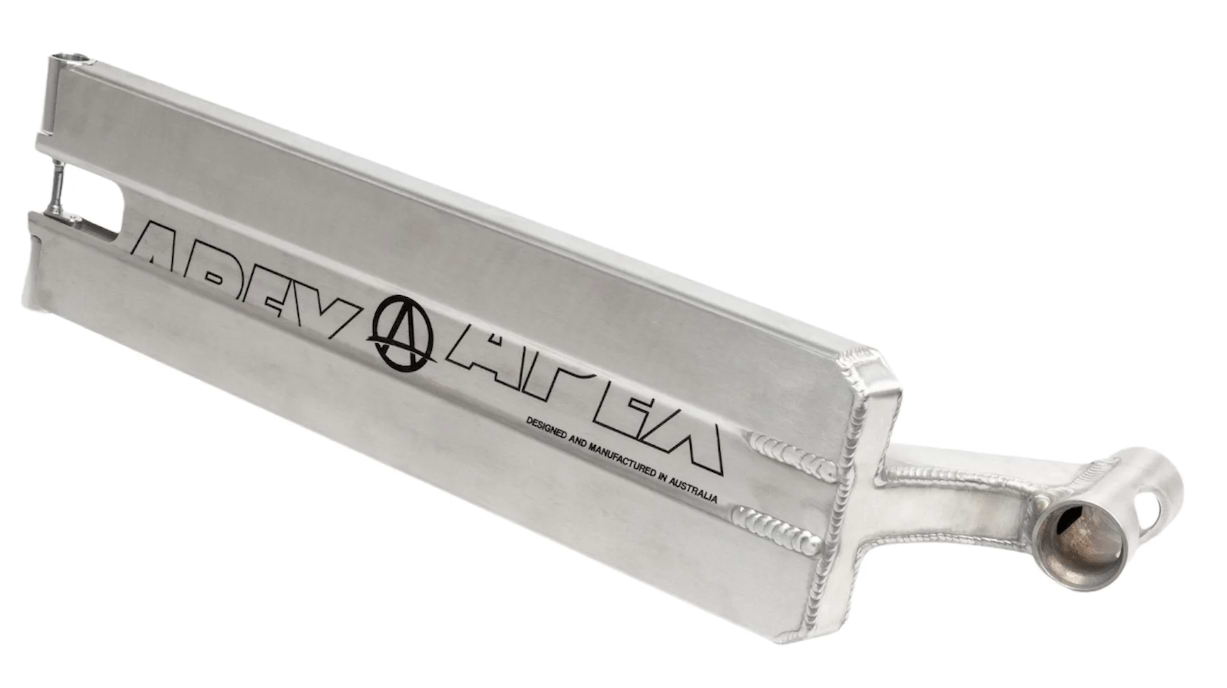 The Apex Pro Raw Silver Boxed Stunt Scooter Deck - 6" x 22" boasts a sleek silver finish with the iconic "Apex" logo prominently displayed on its side. Designed for lasting strength, it features detailed welds and incorporates a cylindrical attachment at one end.
