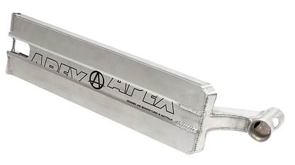 The Apex Pro Raw Silver Boxed Stunt Scooter Deck - 6" x 22" boasts a sleek silver finish with the iconic "Apex" logo prominently displayed on its side. Designed for lasting strength, it features detailed welds and incorporates a cylindrical attachment at one end.