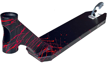The Apex Pro Splatter Black / Red Stunt Scooter Deck, measuring 4.5" x 17.5", by the brand Apex, is crafted from 6082 aluminum and showcases eye-catching red paint splatters.