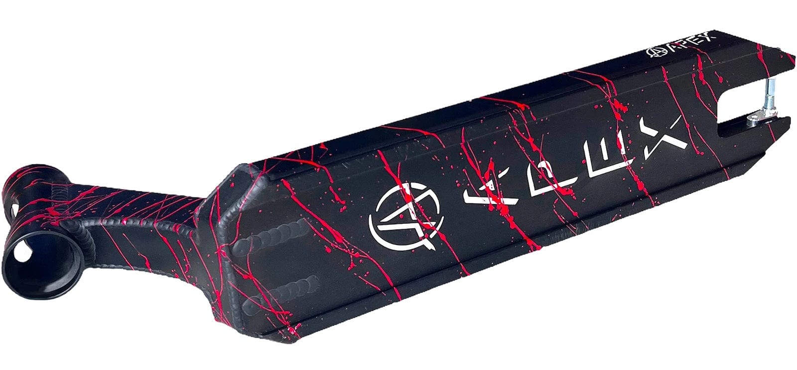 The Apex Pro Splatter Black / Red Stunt Scooter Deck measures 4.5" x 17.5" and is constructed from robust 6082 aluminum, featuring a captivating red splatter design with the "APEX" text and logo. Designed for the Apex Pro Stunt Scooter, it effortlessly blends style and durability for optimal performance during rides.
