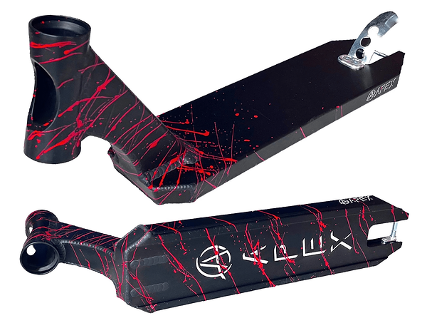 The Apex Pro Splatter Black / Red Stunt Scooter Deck by Apex is a 4.5" x 17.5" deck crafted from durable 6082 aluminium, showcasing an eye-catching red splatter design against a black backdrop. It features a distinctive cut-out logo and graphics on the underside, with a sturdy metal brake securely mounted at the rear for dependable performance on every ride.
