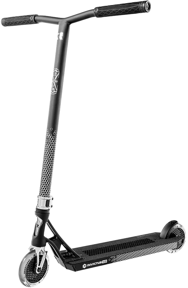 The Root Industries Invictus V3 Complete Stunt Scooter - Black Mirror features Chromolite bars, small wheels, a textured foot deck, and a sleek black and silver design branded with "INVICTUS V3" on the side.