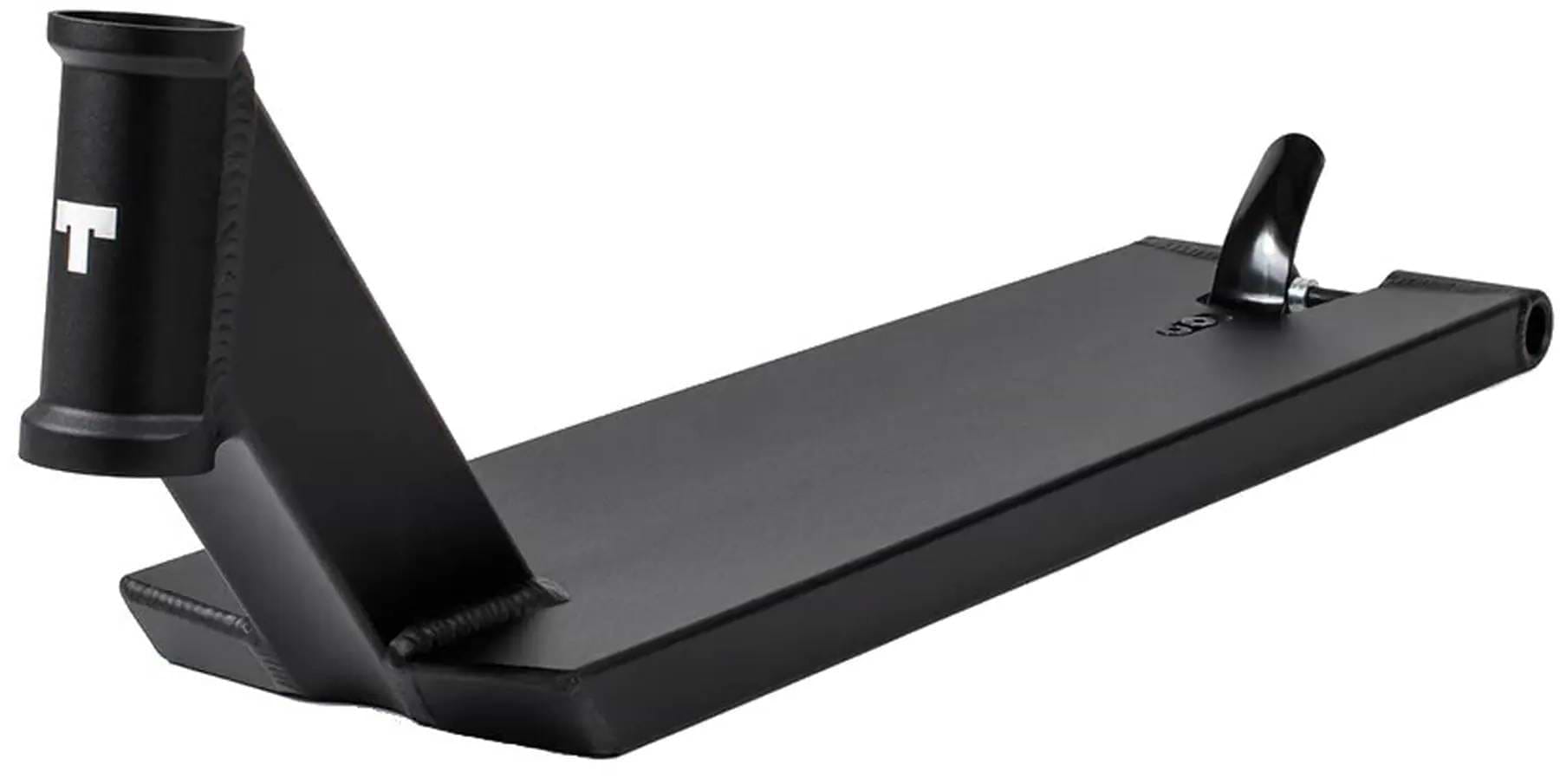 The Tilt Stage I Pro Black Stunt Scooter Deck (6" x 21.5") by Tilt is made from anodized 6000 series aluminum, features an angled head tube and adjustable flex fender brake, and is displayed on a crisp white background.