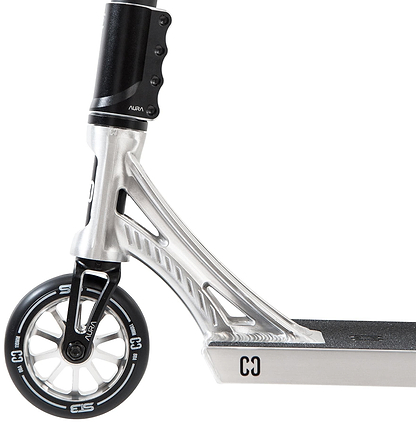 Close-up of the CORE ST3 Complete Stunt Scooter in polished silver, highlighting the front wheel, fork, and deck with a modern angular design and pro-grade components. Brand: CORE.