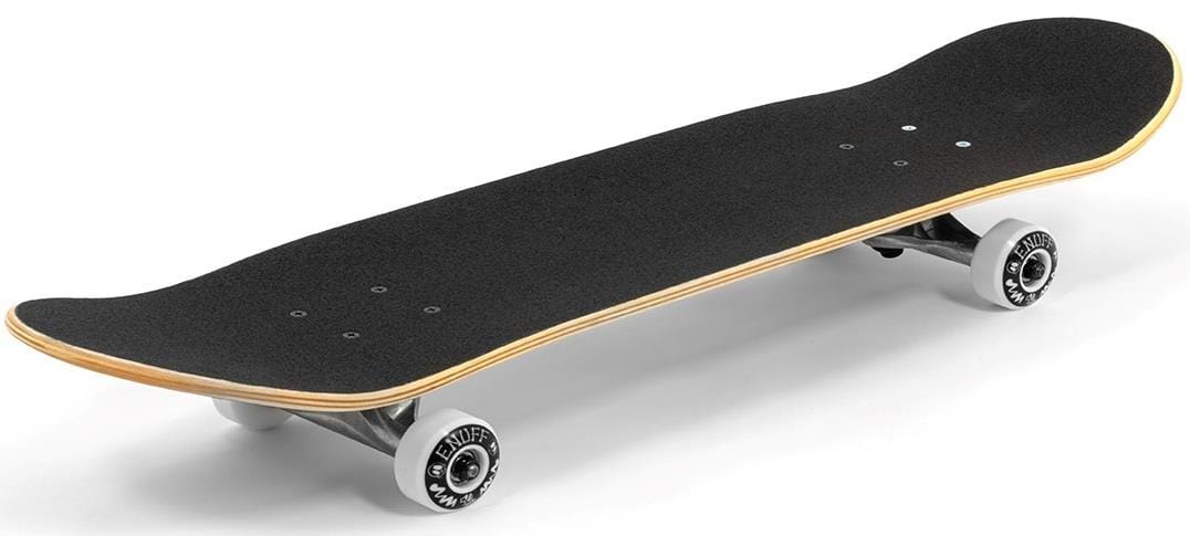 The Enuff Skully Hologram White Mini Complete Skateboard, sized at 7.25" x 29.5", features a black deck with white wheels and silver trucks, captured from a side angle to emphasize its dynamic concave shape and wood layers—ideal for beginners, crafted with high-quality components.
