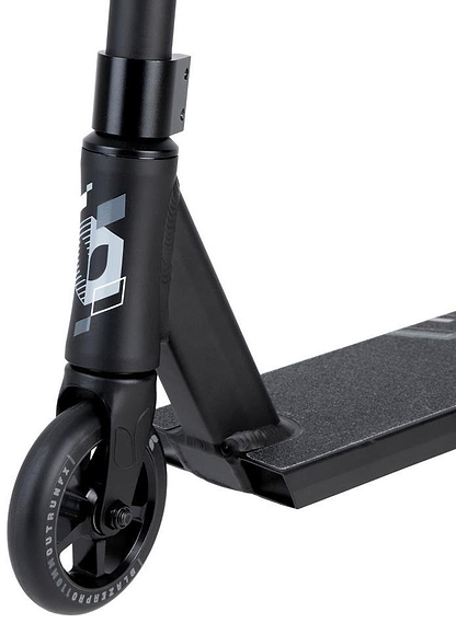 Close-up of the Blazer Pro Outrun 3 Complete Stunt Scooter - Black/Black, highlighting the front wheel, fork, grippy deck, and geometric head tube design—ideal for beginners.