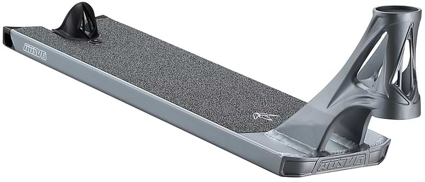 A close-up of the Blunt Envy AOS V6 Squad Grey Stunt Scooter Deck (5.5" x 22") shows its textured grip, angled neck, and integrated rear wheel guard.