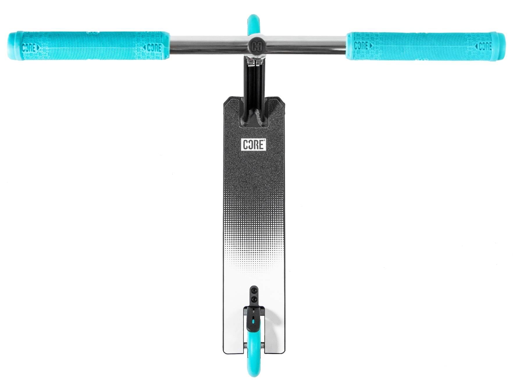 Top-down view of the CORE CD1 Complete Stunt Scooter by CORE in Chrome/Teal, shown with teal handlebars and front wheel, isolated on a white background.