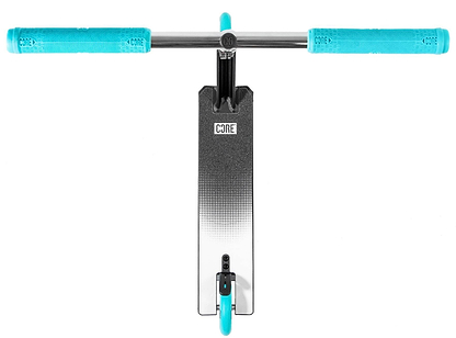 Top-down view of the CORE CD1 Complete Stunt Scooter by CORE in Chrome/Teal, shown with teal handlebars and front wheel, isolated on a white background.