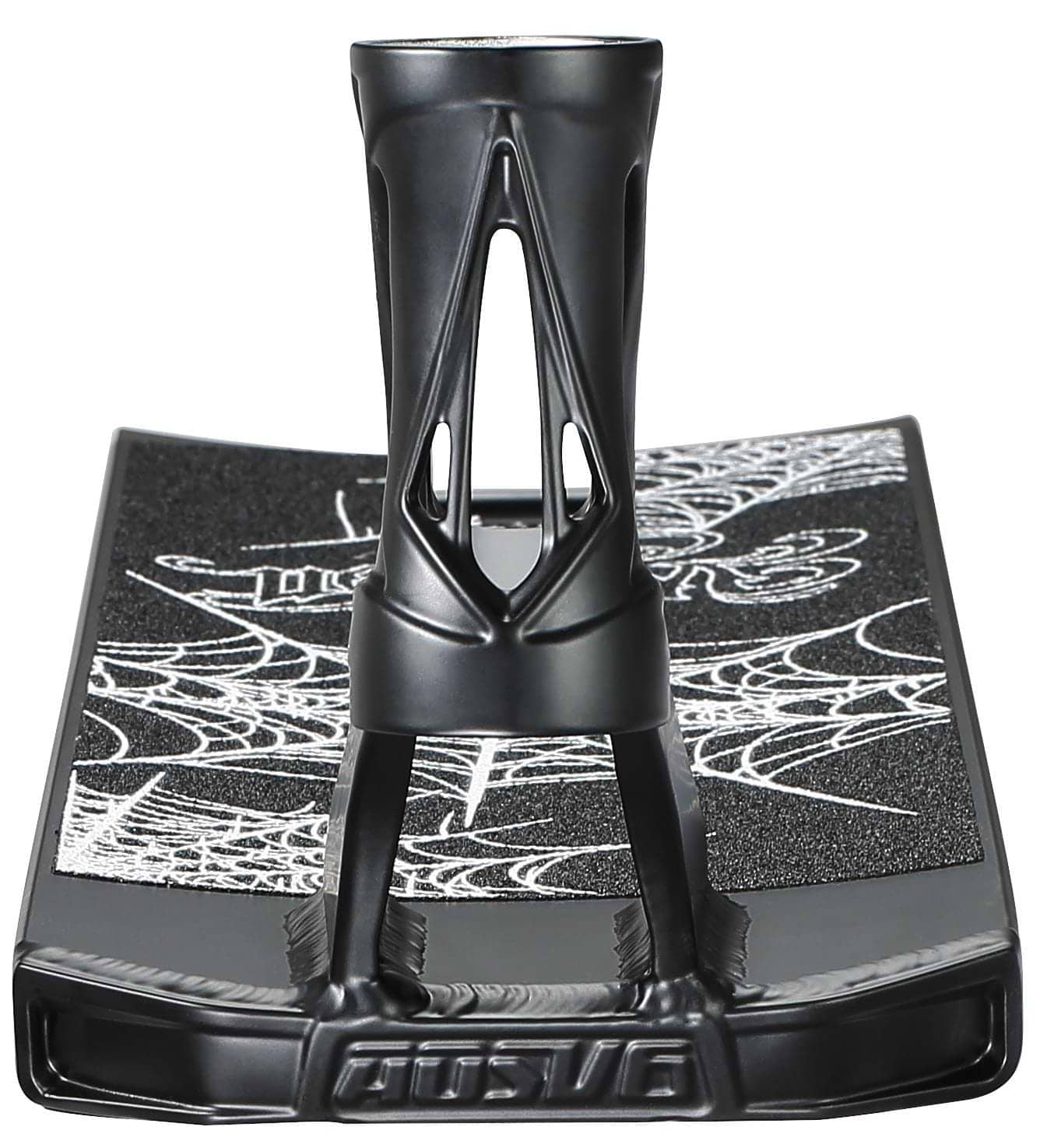 Close-up of the Blunt Envy AOS V6 Will Scott Signature Stunt Scooter Deck (6.5" x 23") in black, featuring a textured grip with white graphics and an open-structured neck.