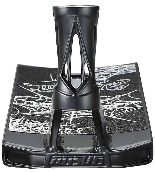 Close-up of the Blunt Envy AOS V6 Will Scott Signature Stunt Scooter Deck (6.5" x 23") in black, featuring a textured grip with white graphics and an open-structured neck.