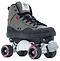 The Rio Roller Ramp Quad Roller Skates - Grey by Rio Roller feature a gray and black high-top design with red and white wheels, black laces, and a toe stop—ideal for skaters seeking stylish, sustainable skates.