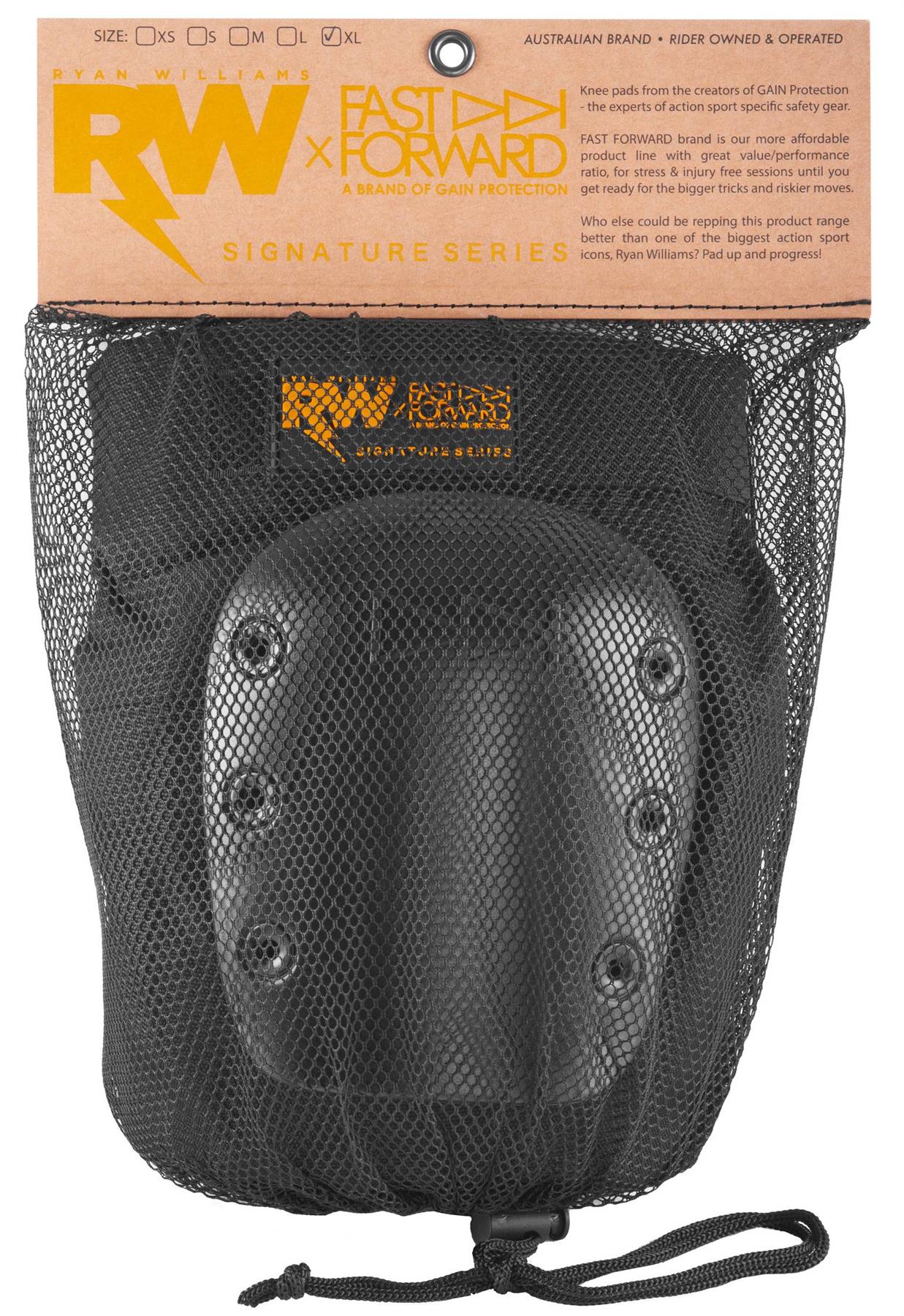 The GAIN Protection RW x Fast Forward Ryan Williams Signature Skate Knee Pads come in a black mesh bag with a brown cardboard label, making them ideal for action sports fans seeking premium GAIN knee protection.