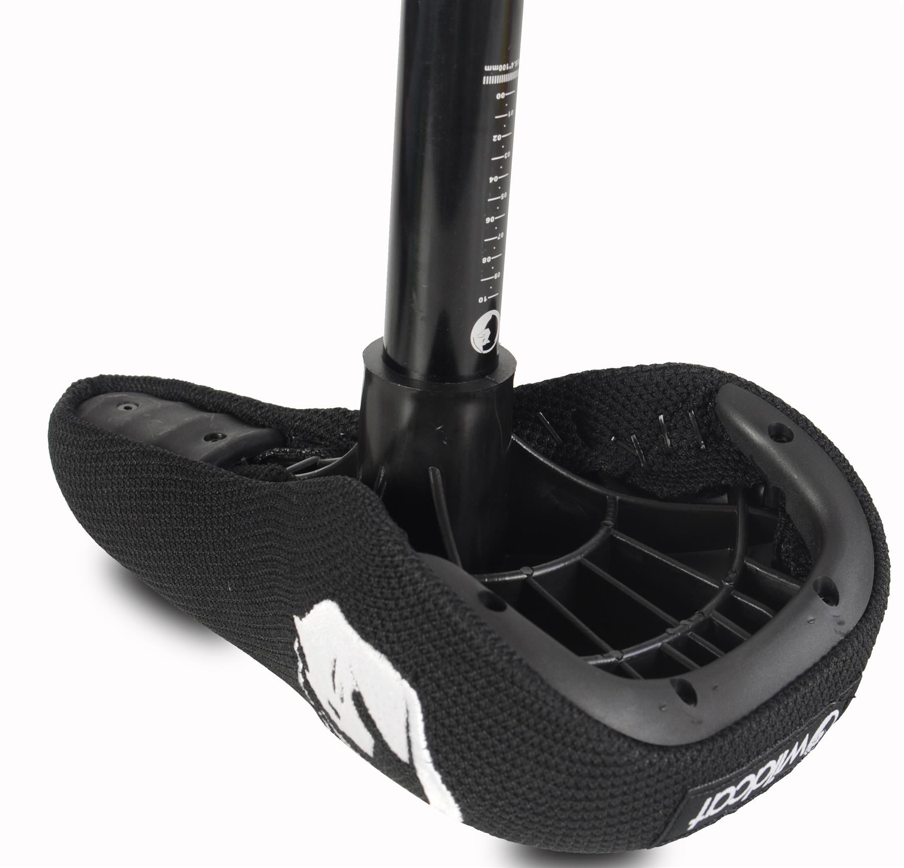 Close-up of a Wildcat OG 3A Mini BMX Bike - Galaxy Blue seat with textured cover, visible stitching, partial graphic design, and measured seatpost—ideal for riders looking for quality from the Wildcat brand.
