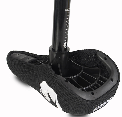 Close-up of a Wildcat OG 3A Mini BMX Bike - Galaxy Blue seat with textured cover, visible stitching, partial graphic design, and measured seatpost—ideal for riders looking for quality from the Wildcat brand.