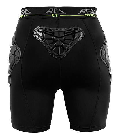 The REKD Energy Pro Impact Skate Protection Shorts in black are shown from the back, with protective panels on the tailbone and hips, a black "REKD Energy" waistband, and REKD Energy Foam for advanced impact absorption.