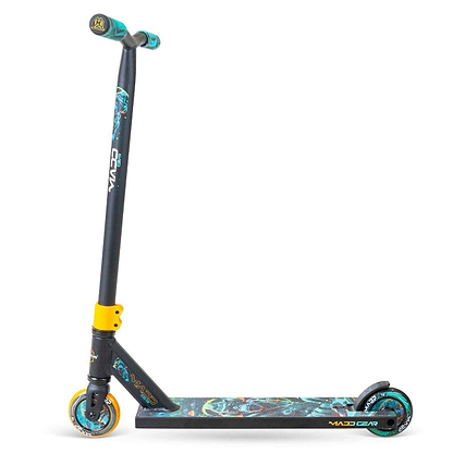 The Madd Gear MG 2 Obsidian Complete Stunt Scooter - DJ Rilla is a black and teal pro scooter with yellow accents, vibrant graphics on the deck and wheels, high-speed ABEC-5 chrome bearings, and the Madd Gear (MGP) logo on the side.