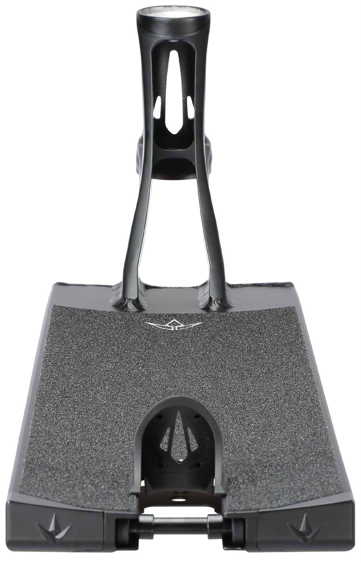 A front-facing close-up of the Blunt Envy AOS V6 Squad Black Stunt Scooter Deck (6" x 22") showcases its textured grip, integrated neck tube, and sleek angular design.