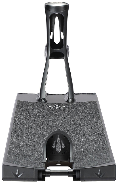 A front-facing close-up of the Blunt Envy AOS V6 Squad Black Stunt Scooter Deck (6" x 22") showcases its textured grip, integrated neck tube, and sleek angular design.