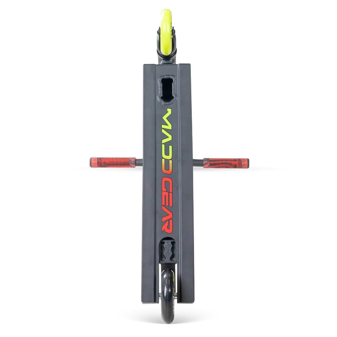 The Madd Gear MG 2 Obsidian Complete Stunt Scooter - Venom features ABEC-5 chrome bearings, a yellow-green front wheel, black deck with "MADD GEAR" in green and red, red handlebar ends, and a black rear wheel.