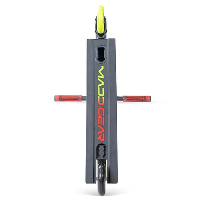 The Madd Gear MG 2 Obsidian Complete Stunt Scooter - Venom features ABEC-5 chrome bearings, a yellow-green front wheel, black deck with "MADD GEAR" in green and red, red handlebar ends, and a black rear wheel.