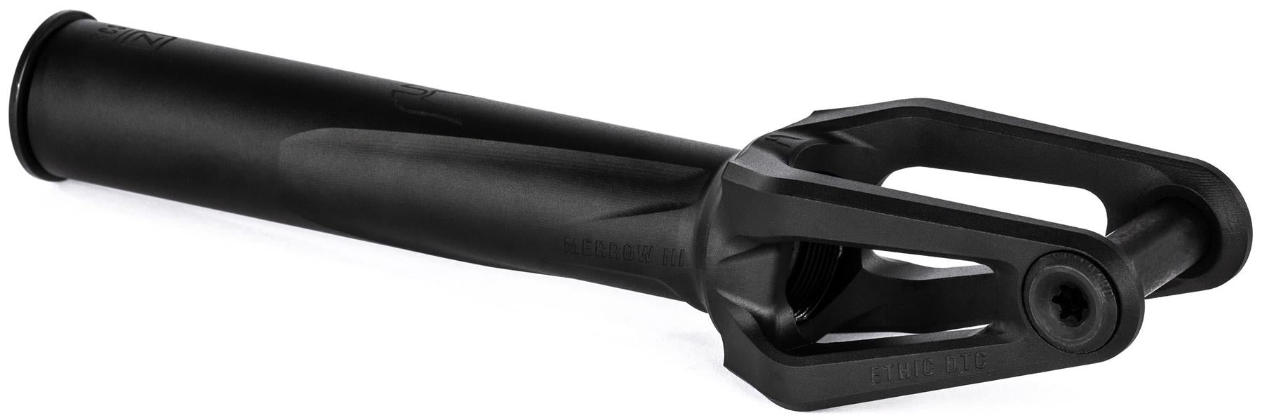 The Ethic DTC Merrow V3 8/12STD SCS Stunt Scooter Forks in black offer a modern, sleek design with a cylindrical tube and open forked end for wheel attachment—ideal for stunt scooters from Ethic.