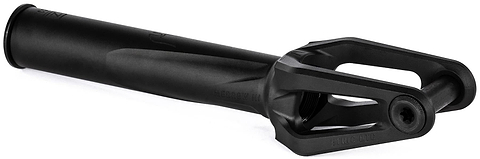 The Ethic DTC Merrow V3 8/12STD SCS Stunt Scooter Forks in black offer a modern, sleek design with a cylindrical tube and open forked end for wheel attachment—ideal for stunt scooters from Ethic.