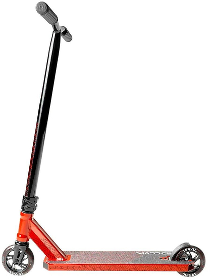 The Madd Gear Viral Purge Complete Stunt Scooter - Cherry features a textured foot deck, two small wheels, and upright handlebars—ideal for the skatepark. Shown here in red and black against a white background.