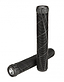 Two Addict OG Black Stunt Scooter Grips (180mm) made from super soft TPR feature diagonal textures. One grip stands upright, the other is horizontal, both showing end caps with a white Addict logo for comfort and style.