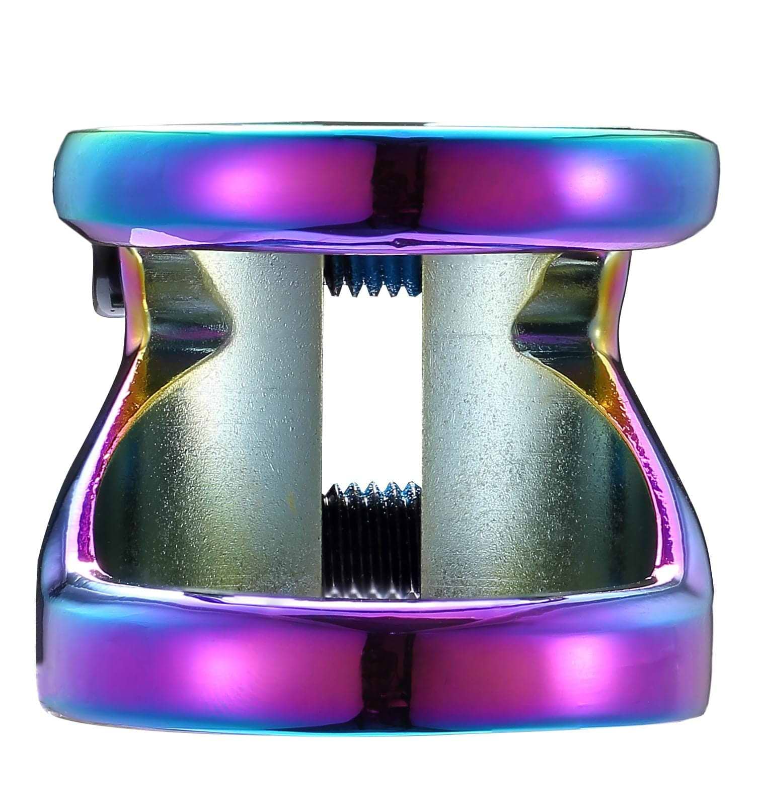 A close-up of the Blunt Envy Z 2 Bolt Oversized Stunt Scooter Clamp in Oil Slick Neochrome, featuring a metallic, rainbow-colored cylindrical shape with a hollow center. Its reflective surface displays shades of purple, blue, and green.