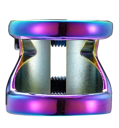 A close-up of the Blunt Envy Z 2 Bolt Oversized Stunt Scooter Clamp in Oil Slick Neochrome, featuring a metallic, rainbow-colored cylindrical shape with a hollow center. Its reflective surface displays shades of purple, blue, and green.