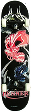 The Renner A16 JAX Extreme Complete Skateboard (7.75" x 31") features white wheels, a black deck with red and white skull art, metallic antler accents, and bold red "RENNER"—ideal for beginners.