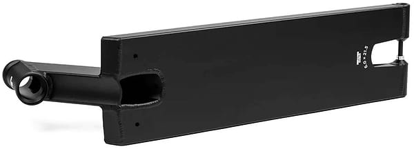 The Tilt Stage I Pro Black Stunt Scooter Deck (6" x 21.5") by Tilt features a rectangular anodized 6000 series aluminium build, rounded edges, visible welds, a headtube, and an adjustable flex fender for a customized ride.