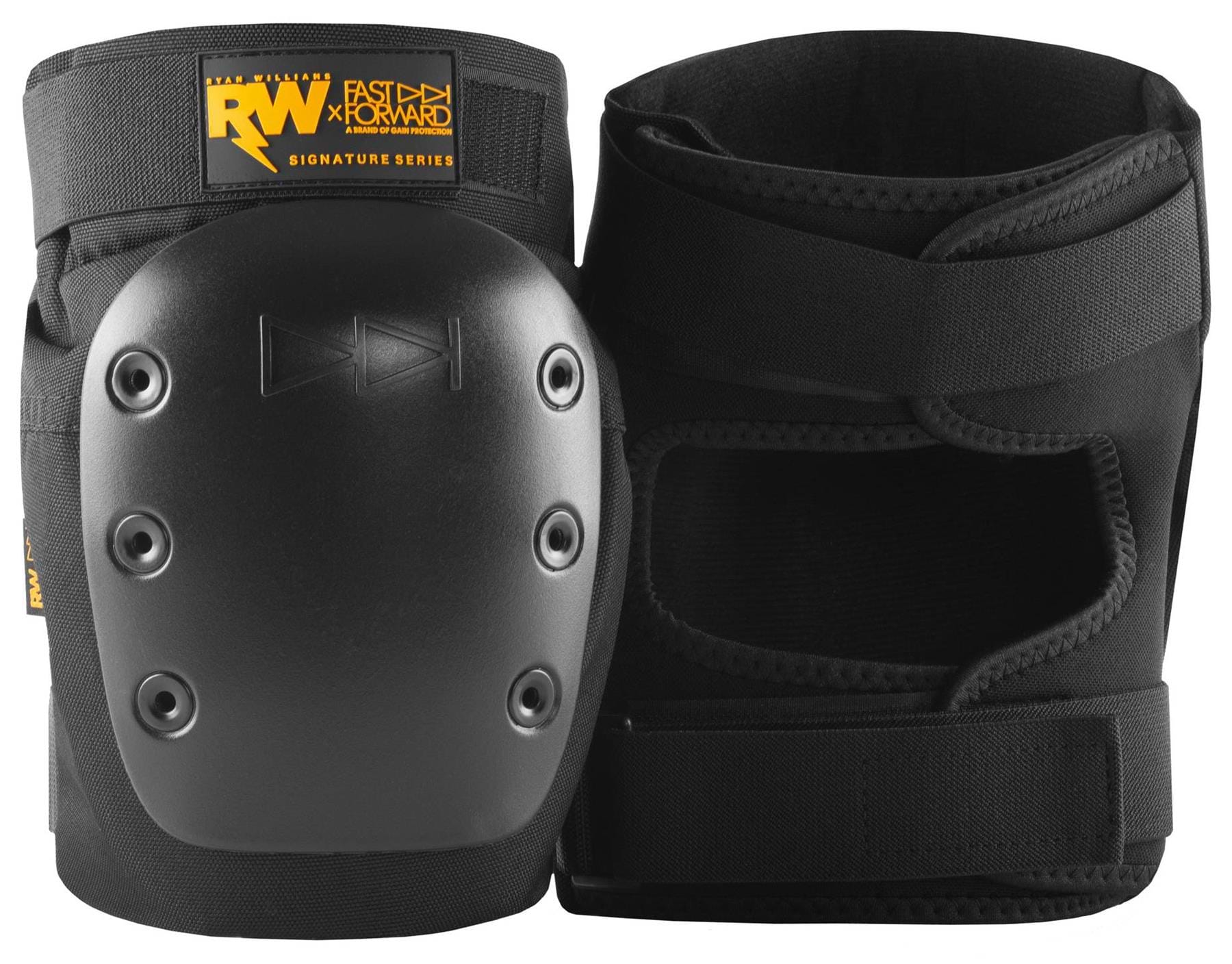 Two black GAIN Protection RW x Fast Forward Ryan Williams Signature Skate Knee Pads with hard shells and adjustable straps; left pad shows yellow RW branding, right displays the back. Ryan Williams signature pads by GAIN.
