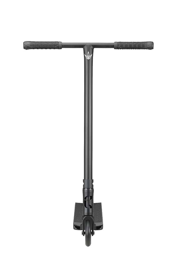 Front view of the Blunt Envy Colt S6 Complete Stunt Scooter in black, featuring oversized chromoly Tension bars and textured grips. This sleek design showcases a single visible wheel, perfect for urban commuting or recreational use. Ideal for enthusiasts, it embodies the elegance associated with Blunt Envy scooters.