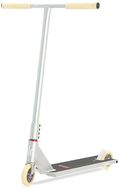 The Aztek Architect 2 Complete Stunt Scooter - Platinum Silver features cream handle grips and wheels, black grip tape on the deck, and a minimalist, streamlined design, making it an ideal street scooter.