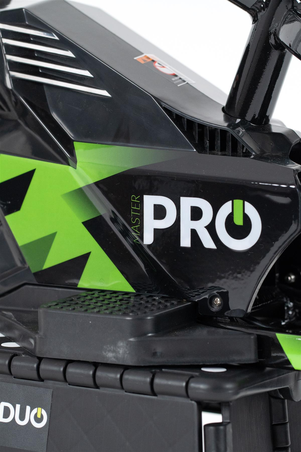 Close-up of the Duo 16" Master Pro Kids Electric Balance Bike in black with bright green accents, "FASTER PRO" in bold white letters, and part of the Duo logo visible on the lower section.
