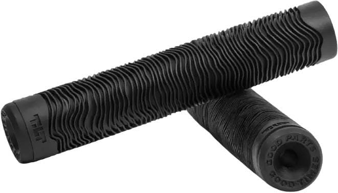 The TILT Topo Two Pro Black Stunt Scooter Grips – 160mm by Tilt feature a wavy textured pattern, flangeless design, and durable construction—ideal for pro scooters or bikes. One grip is flat, the other rests diagonally on top.