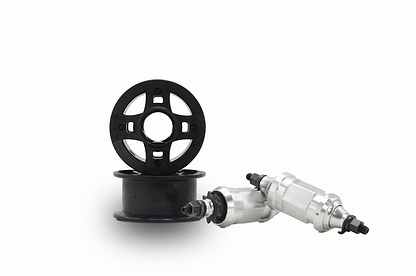 Two black plastic spools and two silver metal cylindrical parts with black connectors, compatible with the Wildcat OG 3A Mini BMX Bike - Galaxy Red by Wildcat, are displayed on a white background.