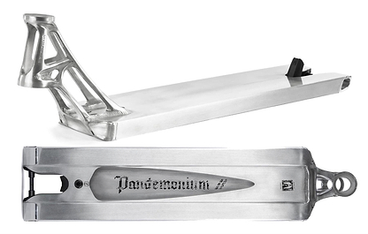 The Ethic DTC Pandemonium V2 Boxed Raw Stunt Scooter Deck (5.5" x 19.7") is featured from a side view, showing its sleek design, and an underside view with "Pandemonium" text—ideal for street riders seeking performance and style.