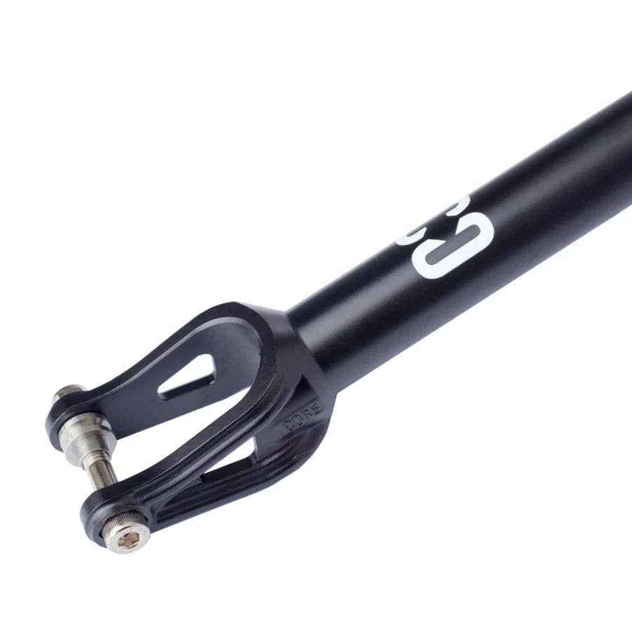 A sleek black scooter fork crafted from high-grade aluminum, featuring a sturdy design for secure installation. Designed for easy integration into your stunt scooter setup, its minimalist aesthetic is enhanced by a matte finish.